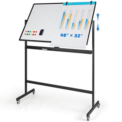 Costway 32 x 48'' Portable Rolling White Board Reversible Dry Erase Board withBlack Markers
