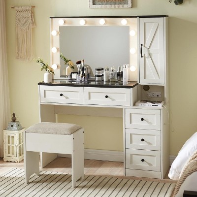Vanity Tables with Charging Station & 2 Visible Drawers, 43" W Modern Vanity Makeup Desk with Lights Mirror and Drawers