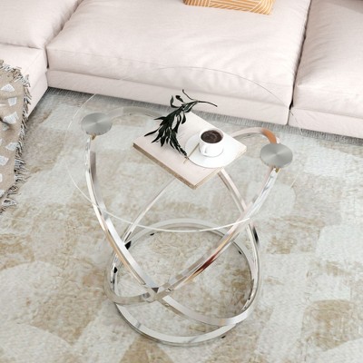 Glass Coffee Table, Round Coffee Table with Ring Metal Frame, Modern Minimalist Coffee Table