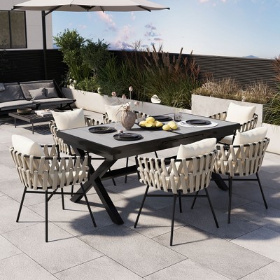 7 PCS Expandable Outdoor Dining Set with 6 Chairs, Adjustable Table (62.9" to 82.6"), Woven Tape Chairs, Iron/Aluminum Frame, Gray - ModernLuxe