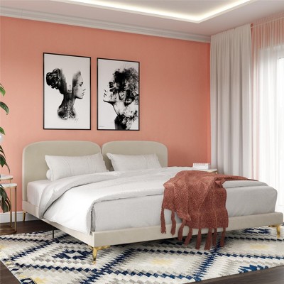GDFStudio Cherry Modern Velvet Upholstered King Size Bed with Metal Legs