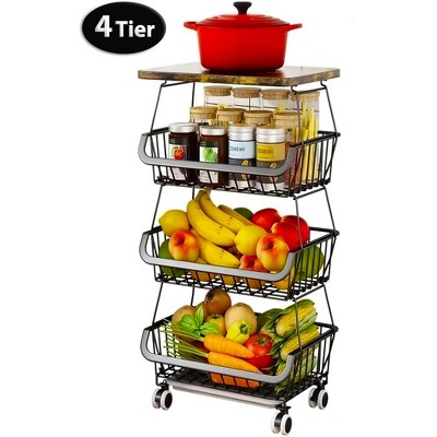 Hachikiko 4-Tier Wood & Wire Kitchen Cart - Stackable Storage Basket with Removable Countertop & Wheels for Fruits, Pantry & Bathroom YY-0023D-BK