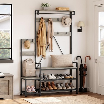 Industrial Hall Tree with Shoe Storage Bench, Parent-Child Coat Rack with Removable Hooks & Hanging Rail, Retro Style for Entryway or Bedroom