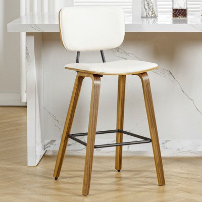 Bekrvio 26" Counter Height Bar Stools - PU Leather Upholstered with Backs, Bent Wood Legs, Mid Century Modern Counter Stools for Kitchen Island