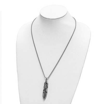 Chisel Stainless Steel Antiqued and with White Cat's Eye Feather Pendant on a 24" Box Chain Necklace