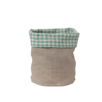 Storied Home Handwoven Linen Bread Basket with Gingham Lining, Aqua and Natural