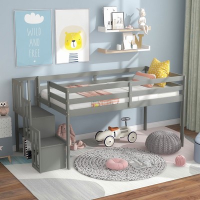 NicBex Twin Size Loft Bed Wooden Bed Frame with Storage Stairs and Full Length Guardrail, No Box Spring Required, Space saving