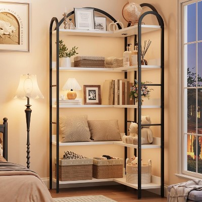 68.5" 5-Tier Arched Metal Frame Shelf ，Industrial L-Shaped  Tall Book Shelf ,  With Adjustable Feet & Anti-Tip Strap for Living Room ，Bedroom ，Office
