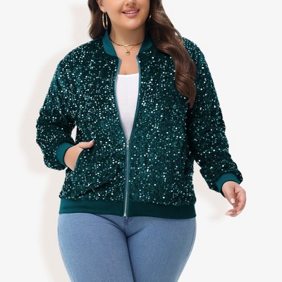 Anna-Kaci Women's Plus Size Sequin Zip-Up Bomber Jacket with Pockets