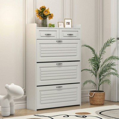 Resenkos Shoe Cabinet with 3 Doors and 2 Drawers, 5-Drawers Dresser with Metal Handles, Large Space for Storage, 49.22 inch for Indoor, White & Oak