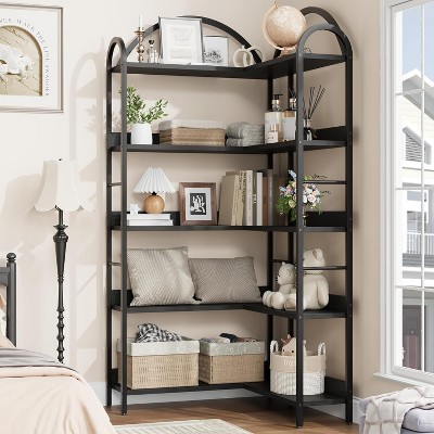 ODK 5 Tiers L Shaped Classical Modern Corner Bookshelf Arched Bookcase Industrial Corner Shelf, Wood and Metal Bookshelves Storage Organizer