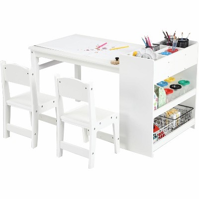 Kids 3-Piece Wood Activity Desk with 2 Chairs,Double-Tier Bookcases & Toy Cubbies