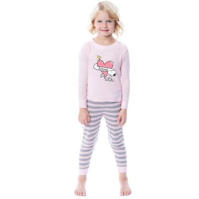Peanuts Girls' Snoopy Woodstock Loved 2 Piece Long Sleeve Pajama Set Pink
