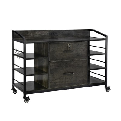 VEVOR 2 Drawers Metal File Cabinet, Lateral Filing Cabinet with Lock and 6 Open Shelves, Wooden Wide Filing Storage Cabinets with Power Strip, Gray