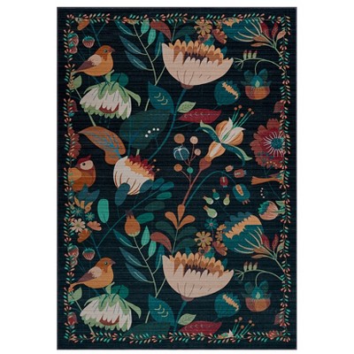 Coolmee Washable Large Rug for Bedroom Non Slip, Soft Boho Vintage Flower Birds Distressed Throw Carpet for Dinning Room Playroom, Black