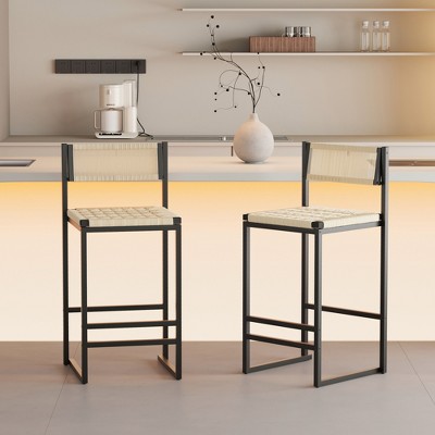Akoasm 2-pieces Paper Rope Woven Bar Counter Stools Set With footrest-Black & Creamy White