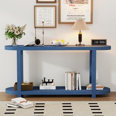 63"W Console Table Entryway Table Accent Table with Streamlined Desktop Design, Navy Blue/Black/Natural-ModernLuxe