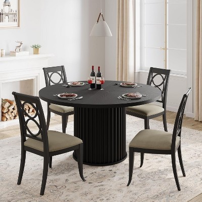 47Inch Round Dining Table for 4-6 People, Black Dining Room Table with Sturdy Waveform Metal Pedestal Base, Industrial Circle Kitchen Table for Home