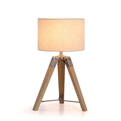 18" Industrial Natural Wood Tripod Table Lamp with Linen Drum Shade and Metal Accents for Bedroom, Living Room, Study, or Hotel Spaces