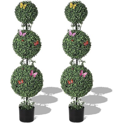 4 FT Artificial Triple Ball Topiary Trees , Artificial Plants Outdoor with Vines & Insects Decoration, Topiary Balls Trees for Home Office, Set of 2