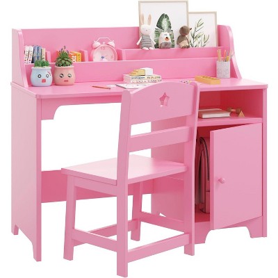Acekool Kids Desk and Chair Set, Wooden Study Desk with Hutch, Storage Cabinet & Organizer, Student Computer Table for Bedroom