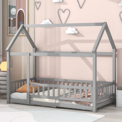 Whisen Twin Size Floor Wooden Bed with House-shaped Roof Frame and Fence Guardrails