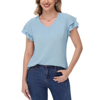 Anna-Kaci Women's Textured V-Neck Top with Double Layer Ruffle Short Sleeves