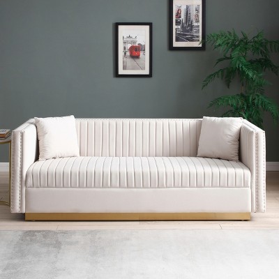 Contemporary Velvet Sofa - Vertical Channel Tufted Modern Couch with Gold Metal Base & 2 Pillows, Solid Wood Frame for Living Room