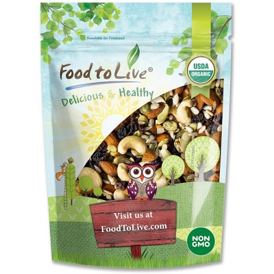 Organic Raw Seeds, Nuts and Raisins Mix - Non-GMO, Contains Walnuts, Almonds, Cashews, Hazelnuts, and Raisins.