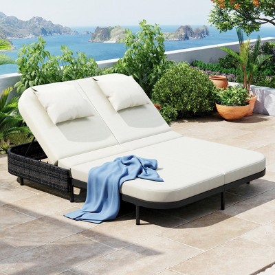 Outdoor Daybed Sunbed, Patio Rattan Loveseat Chaise Lounge with Adjustable Backrest and Cushions for Garden, Backyard -ModernLuxe