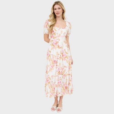 August Sky Women's Square Neckline Short Sleeves Floral Midi Dress