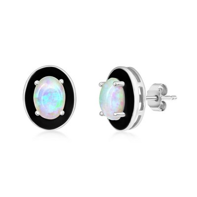 Opalata Sterling Silver White Opal & Black Enamel Oval Studs - Black