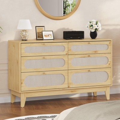 52.1" Rattan Bedroom Dresser, 6 Drawer Wood Dresser - Frame Feet, Charging Station, Large