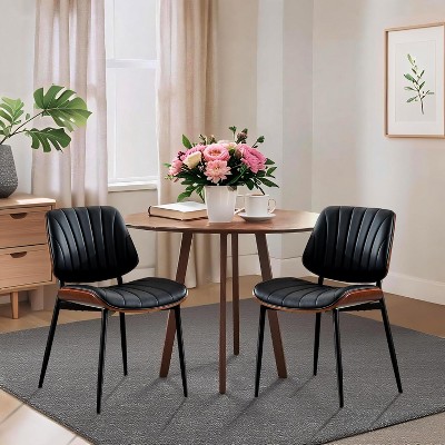 Dining Chairs Set of 4 - Modern Upholstered Retro PU Leather Kitchen Chairs with Walnut Bentwood Back and Metal Legs for Dining Room and Kitchen