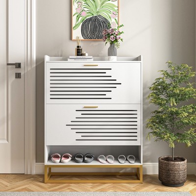 Resenkos Shoe Cabinet with 2 Flip Drawers, Freestanding Shoe Cabinet Organizer with Metal Legs, Shoes Storage Cabinet for Entryway, White