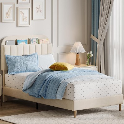 Twin/Twin XL/Full Bed Frames, Upholstered Platform Bed Frame with Bookcase Headboard, Velvet Platform Bed Mattress Foundation