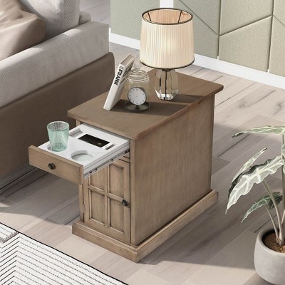 Zeus & Ruta Classic Vintage End Table with USB Ports, Multifunctional Drawer with Cup Holders for Living Room