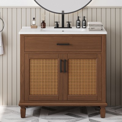 TUYOHW Bathroom Vanity with Ceramic Sink, Modern Bathroom Sink Cabinet with Soft Doors and Drawers, Free-standing Bathroom Vanity with Wood Legs