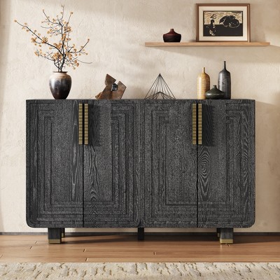 MAYEERTY Retro Buffet Cabinet with Storage 4 Doors Vintage Fluted Sideboard Adjuastable Shelves for Dining Room Living Room Black