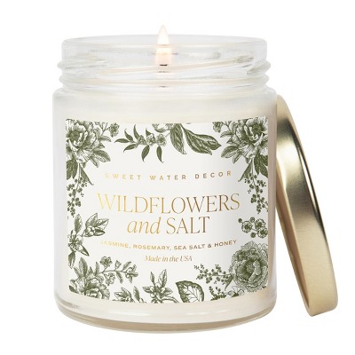 Sweet Water Decor Patterned Wildflowers & Salt 9oz Clear Jar Candle with Gold Lid