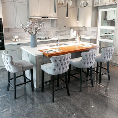PAGED Bar Stools Set of 4 Modern Velvet Upholstered Barstools with Back, Wooden Legs and Button Tufted Design for Pub, Kitchen