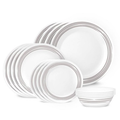 Corelle 16pc Vitrelle Brushed Silver Dinnerware Set: Abstract Pattern, Service for 4, Includes Plates & Bowls, Dishwasher-Safe