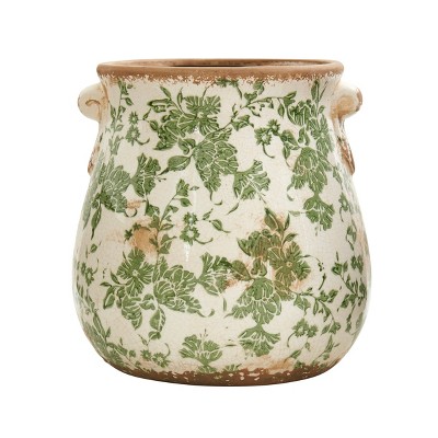 Nearly Natural 10-in Tuscan Ceramic Green Scroll Planter