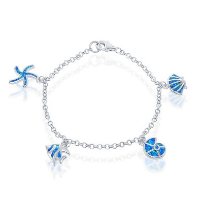 Opalata Sterling Silver Blue Inlay Opal Shell and Fish Charm Bracelet - Blue - 7.25 Inch