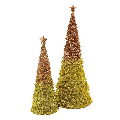 Roman 17.5 Inch Gold Glitter Lighted Trees Set/2 Christmas Figurine Set , Star Christmas (2PC)