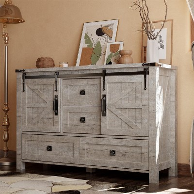 SinCiDo Farmhouse 48" Dresser w/4 Drawers & 2 Barn Doors, Chest of Drawers & Rustic TV Stand w/Adjustable Shelf for Living Room