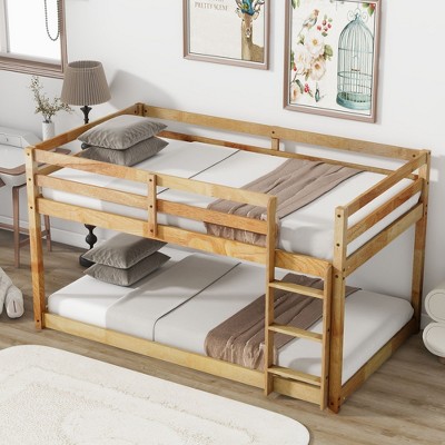 Okak Twin Over Twin Bunk Bed with Ladder & Safety Guardrail Solid Rubber Wooden Loft Bed with Strengthened Slats for Kids Easy Assemble