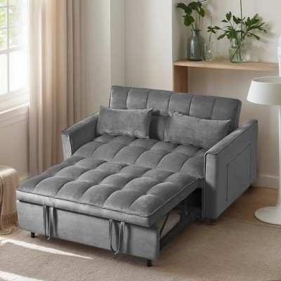 Modern Velvet Loveseat Futon Sofa Couch Pullout Bed, Small Love Seat Lounge Sofa w/Reclining Backrest