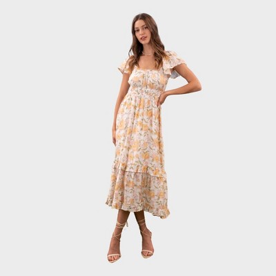 August Sky Women's Flounce Sleeve Ruffle Trim Floral Midi Dress