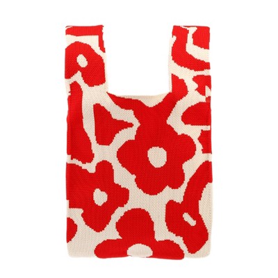 Unique Bargains Reusable Mesh Net Grocery Tote Bags Flowers Red Beige 14.17"x7.87" 1 Pc